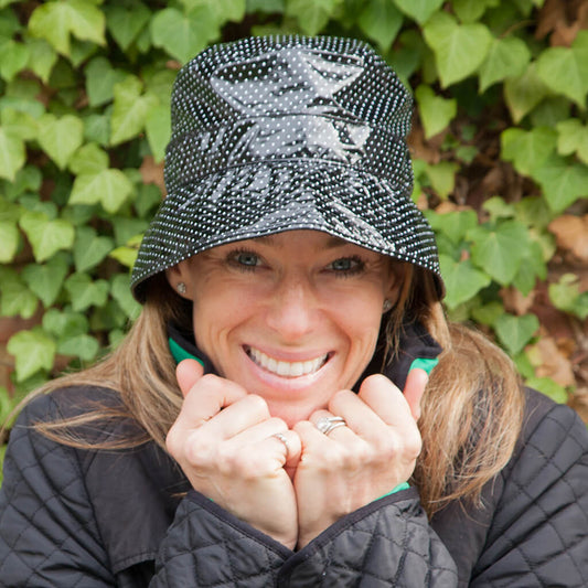 ladies black pvc rain hat with white spots
